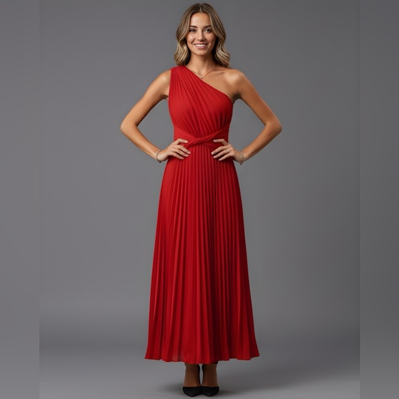 Red One Shoulder Twist Front Pleated Hem Dress - Picture 1 of 11